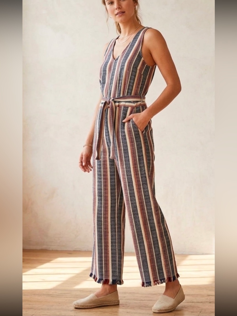 DREW Navy, Cream & Brown Striped Sleeveless Wide-Leg Jumpsuit